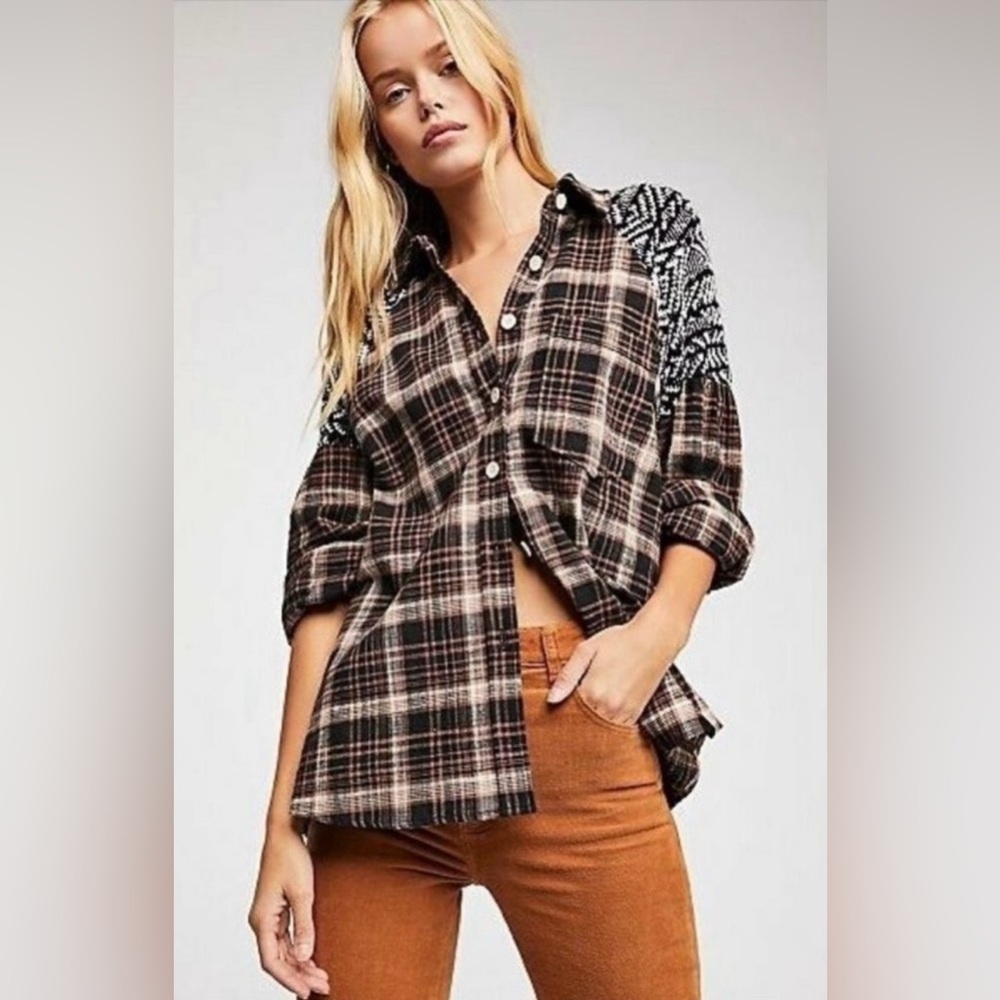 Free People Fireside Nights Button Down Shirt, Brown/Black/White, Medium